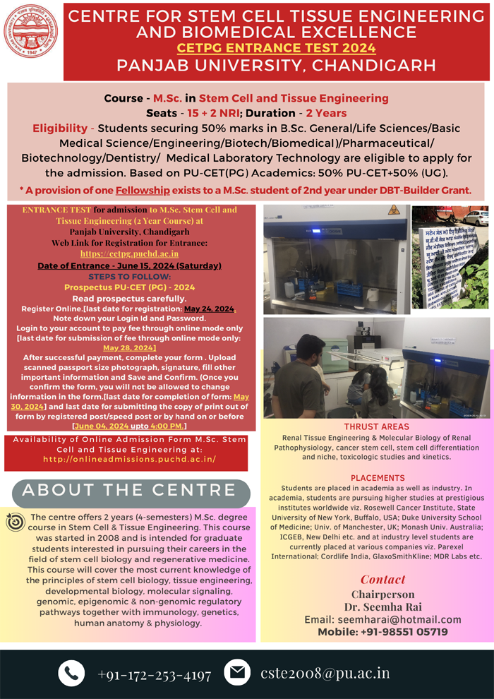 Admissions are open for Centre for Stem Cell Tissue Engineering and Biomedical Excellence